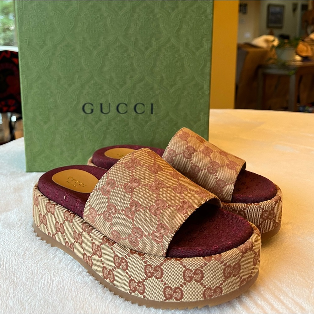 NWT Gucci Platform Sandal Canvas Beige Ruggine Sz. 36 1/2